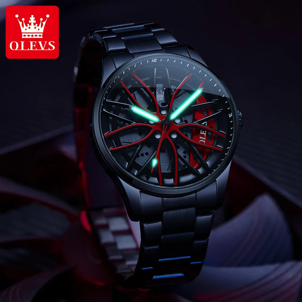 Reloj de lujo para hombre OLEVS 9937, resistente al agua, diseño de llanta de coche deportivo, reloj de cuarzo para hombre, de alta calidad, a la moda, el más vendido, luminoso.
