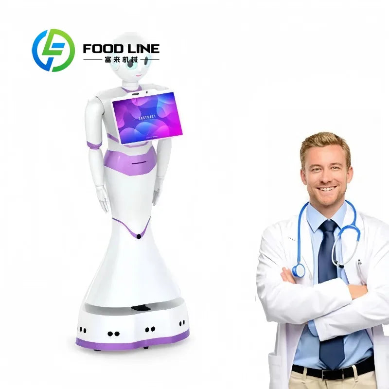 Robot humanoide blanco con pantalla frontal azul/morada y base morada, de pie