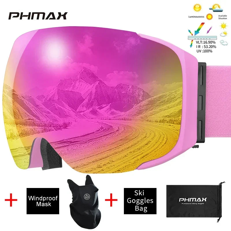 PHMAX-Gafas de esquí UV400 para hombre y mujer, lentes magnéticas antivaho para deportes al aire libre, montaña, Snowboard, gafas de nieve grandes con máscara