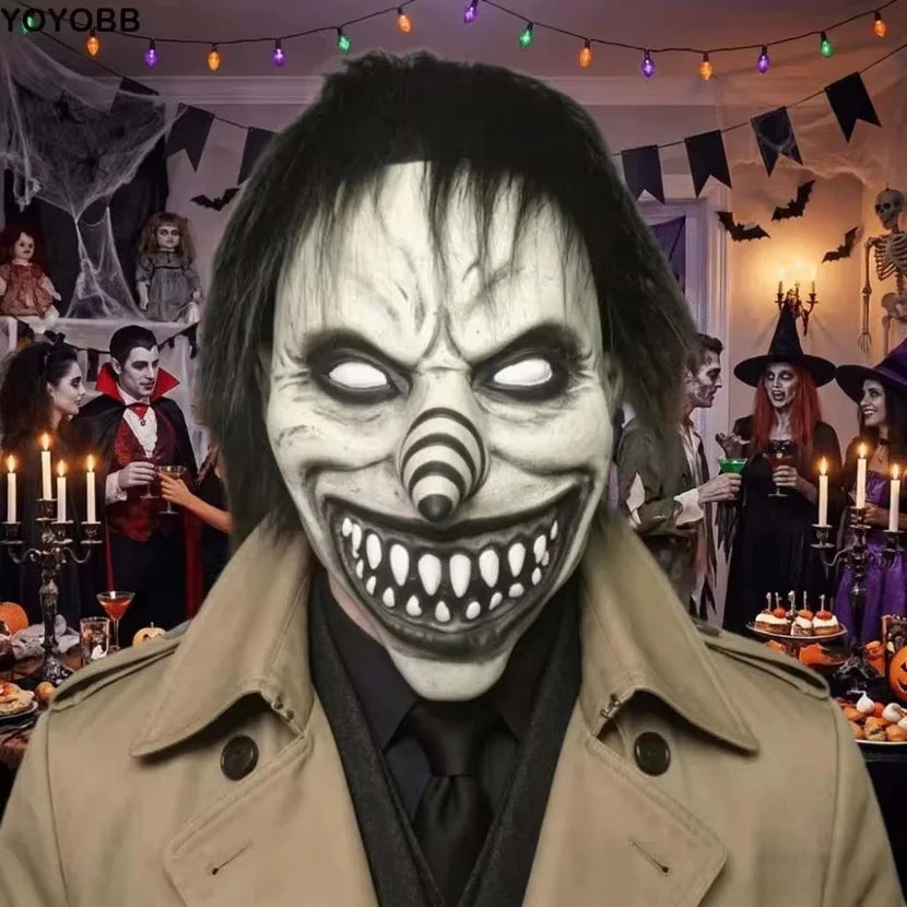 Máscara de payaso demonio aterrador, máscara de payaso malvado, máscara de payaso de pelo negro espeluznante, máscara de nariz en espiral, disfraz de látex para adultos, accesorios de cosplay para Halloween.