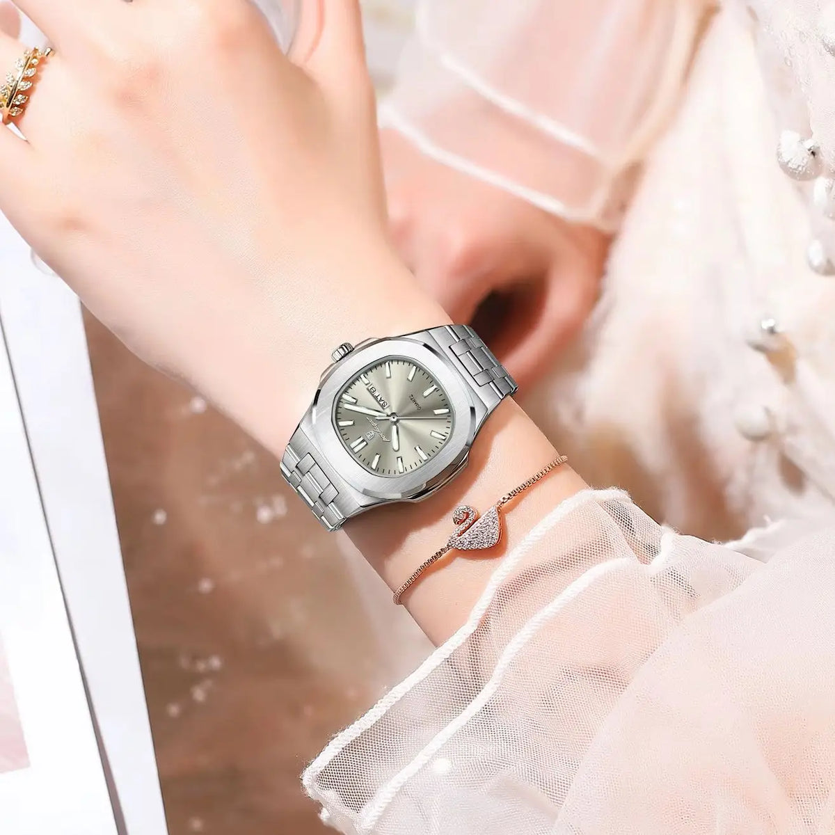 Reloj de pulsera de moda POEDAGAR para mujer, luminoso, resistente al agua, con fecha y día, de cuarzo, elegante, de acero inoxidable, reloj para mujer, regalo