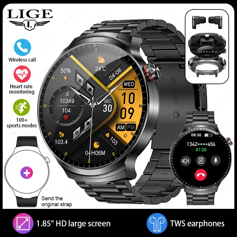 Reloj inteligente LIGE TWS con auriculares, pantalla IPS de 1.85", llamadas BT, monitor de frecuencia cardíaca y sueño, reloj inteligente deportivo resistente al agua para Android e iOS