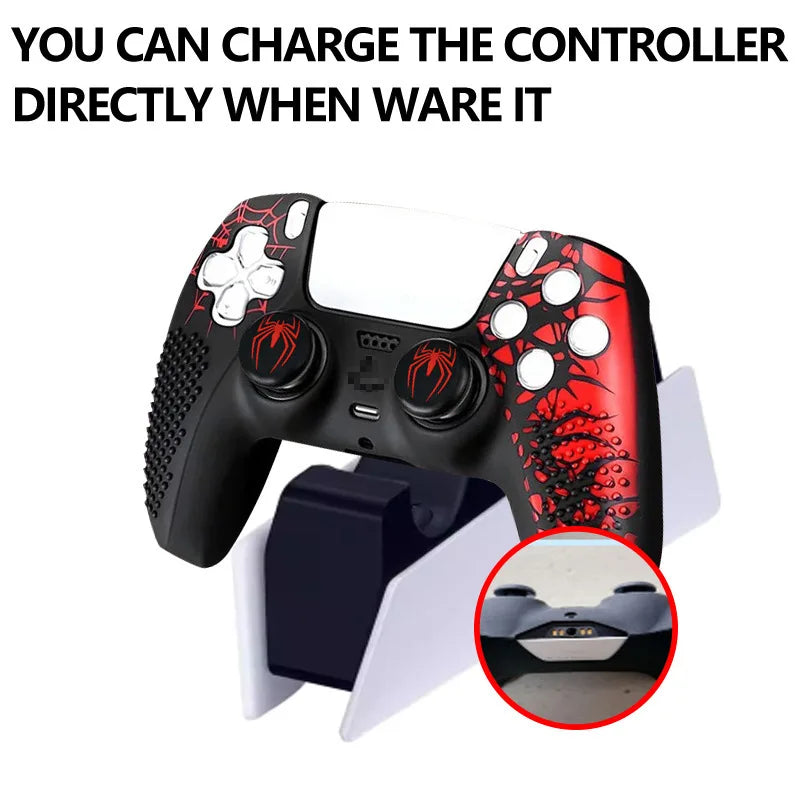 Funda protectora de silicona suave con diseño de araña para mando de PS5, carcasa, pegatinas para panel táctil y kit de agarre para joysticks