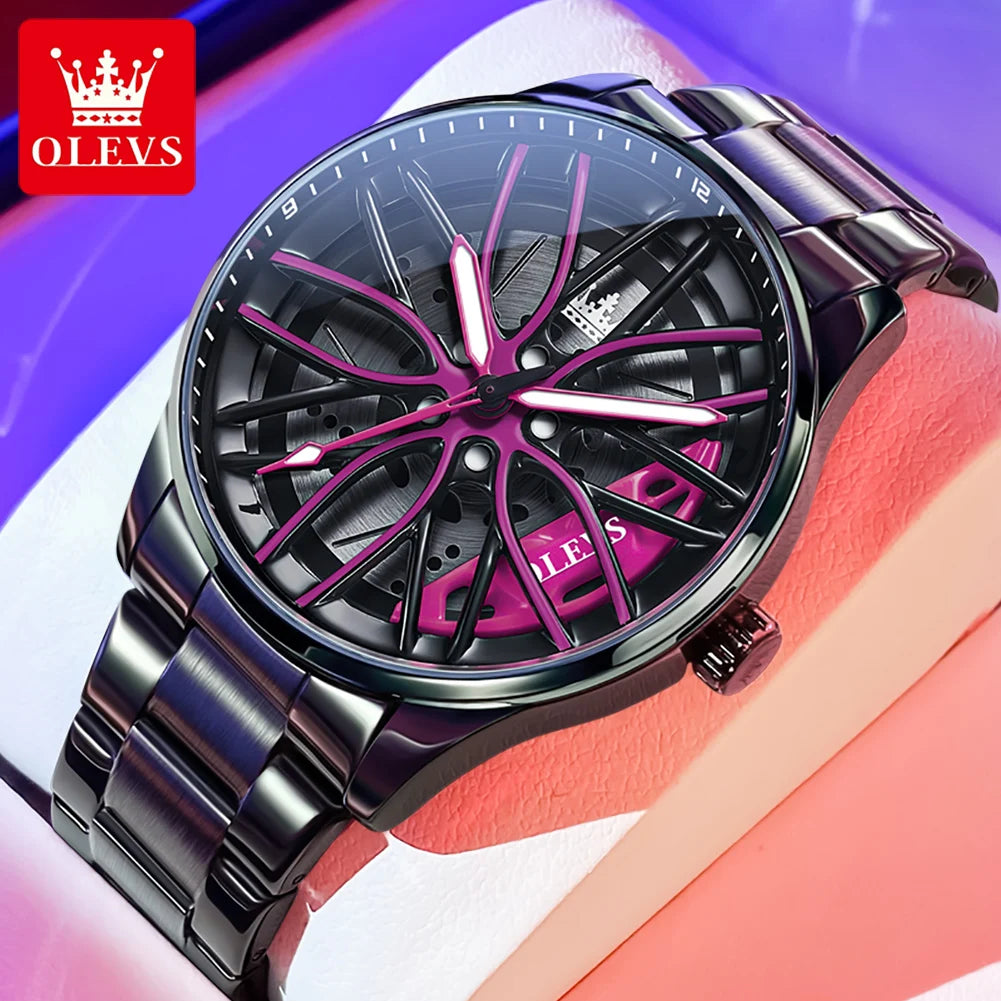 Reloj de lujo para hombre OLEVS 9937, resistente al agua, diseño de llanta de coche deportivo, reloj de cuarzo para hombre, de alta calidad, a la moda, el más vendido, luminoso.