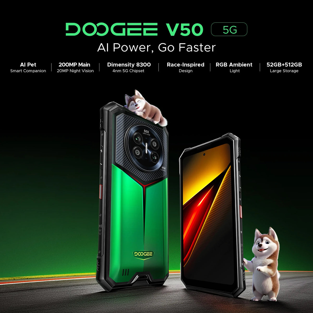 Smartphone resistente con IA DOOGEE V50 5G, Dimensity 8300, 52 GB de RAM (16+36) 512 GB de ROM, cámara de 200 MP, cámara de visión nocturna de 20 MP, Android 16, compatible con Walkie Talkie, luz ambiental RGB.