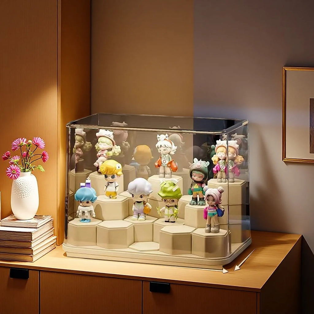 Estante de exhibición para figuras de cajas sorpresa, vitrina de acrílico transparente a prueba de polvo, para muñecos y adornos de bloques de construcción