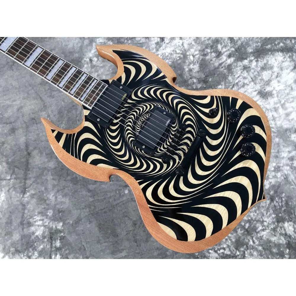 Nueva Guitarra Eléctrica Wylde Audio en Negro y Beige con Diseño Espiral Hipnótico, Acabado en Madera Natural, Dos Humbuckers EMG, Puente Fijo Negro