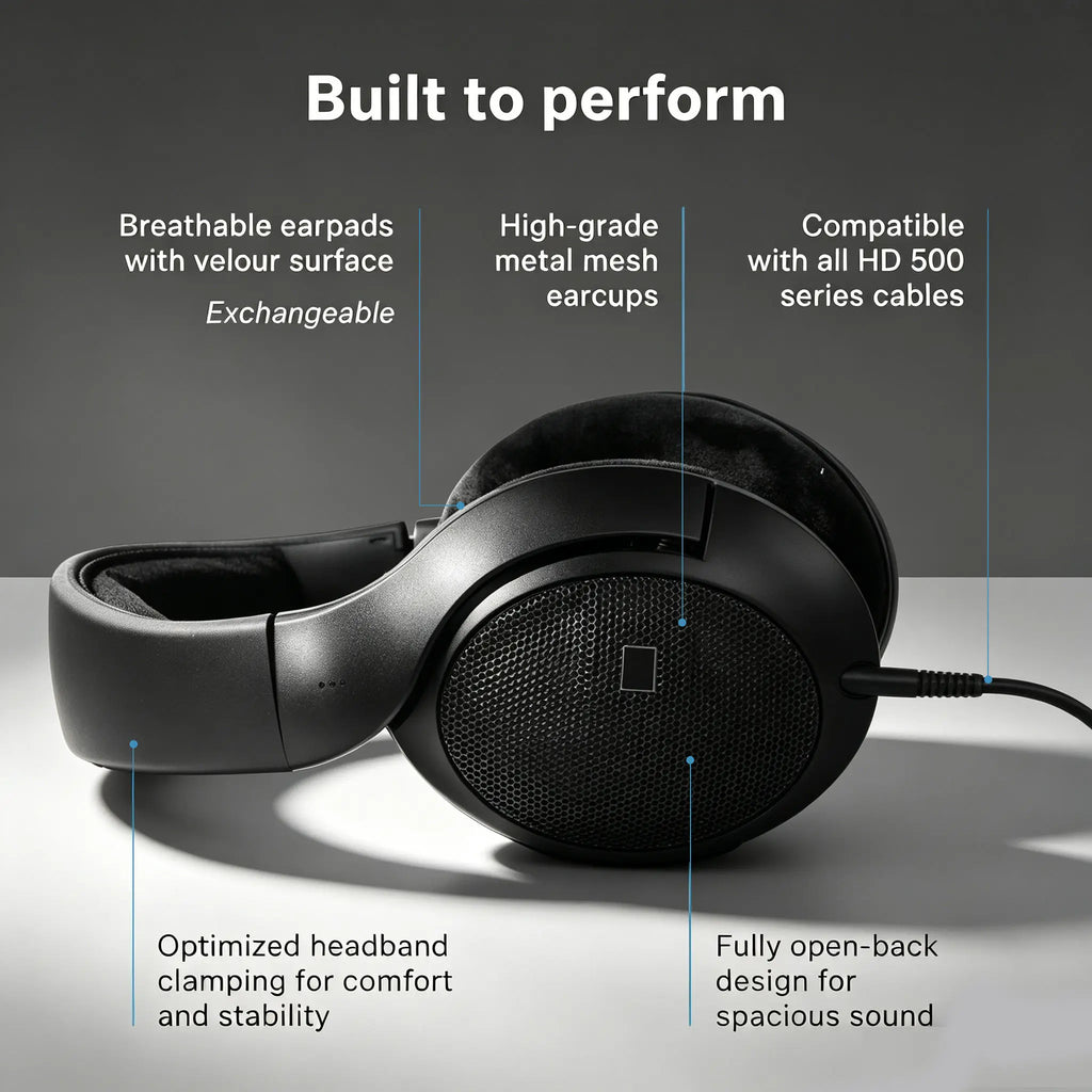 Auriculares de monitor con diseño de copa abierta y diadema acolchada, negro