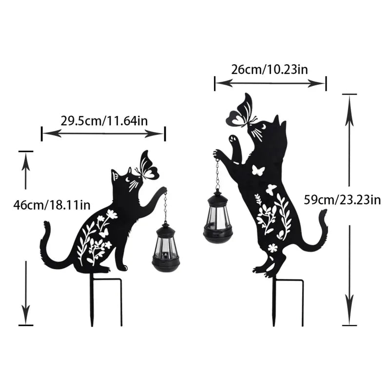 2 piezas de luz solar para patio exterior con diseño de gato, luz LED decorativa de hierro para insertar en el suelo, estaca con silueta de gato de metal negro