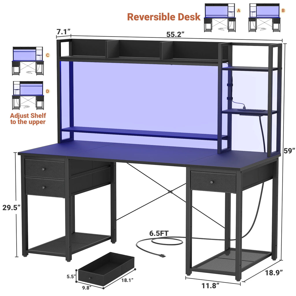 Escritorio reversible negro con estante, cajones laterales y soporte para CPU