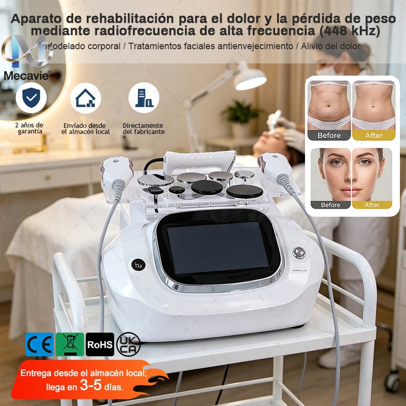 Máquina de Terapia Tecar Mecavie 448KHz Indiba Mejorada |   Sondas CAP/RES + Cuchilla Fascial, Adelgazamiento, Alivio del Dolor y Rejuvenecimiento de la Piel