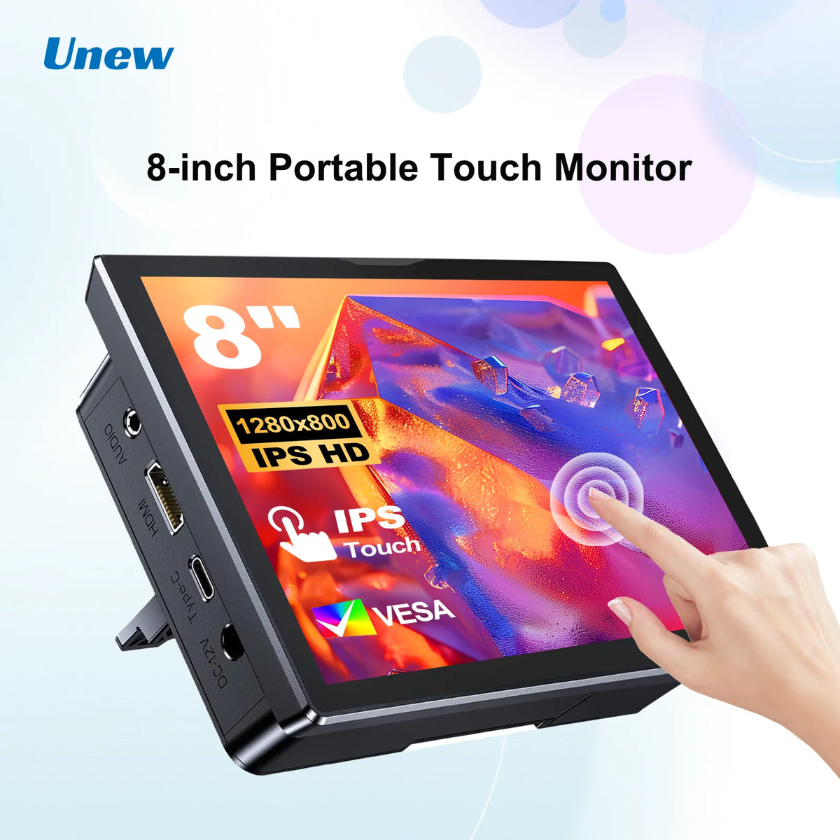 Monitor táctil Unew Premium de 8 pulgadas, 1280x800, 16:10, pantalla ancha HDMI para proyectos de bricolaje y pantalla táctil, ventiladores y altavoces integrados
