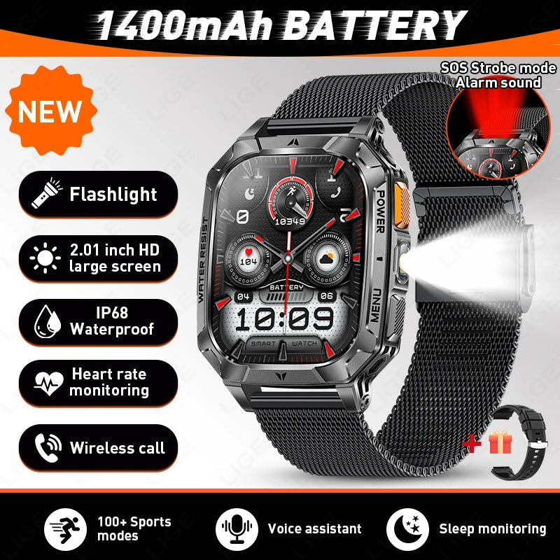 Reloj inteligente militar LIGE de 1400 mAh con batería de larga duración, pantalla HD de 2.01", linterna LED y luz SOS, llamadas BT y monitor de salud para hombre