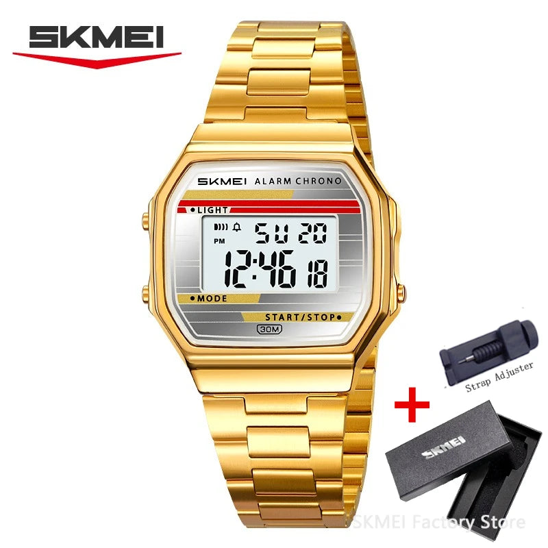 SKMEI Stainless Steel Watch for Men LED Men's Digital Wristwatches Light Retro Square Gold Case Stopwatch Alarm Classic Reloj