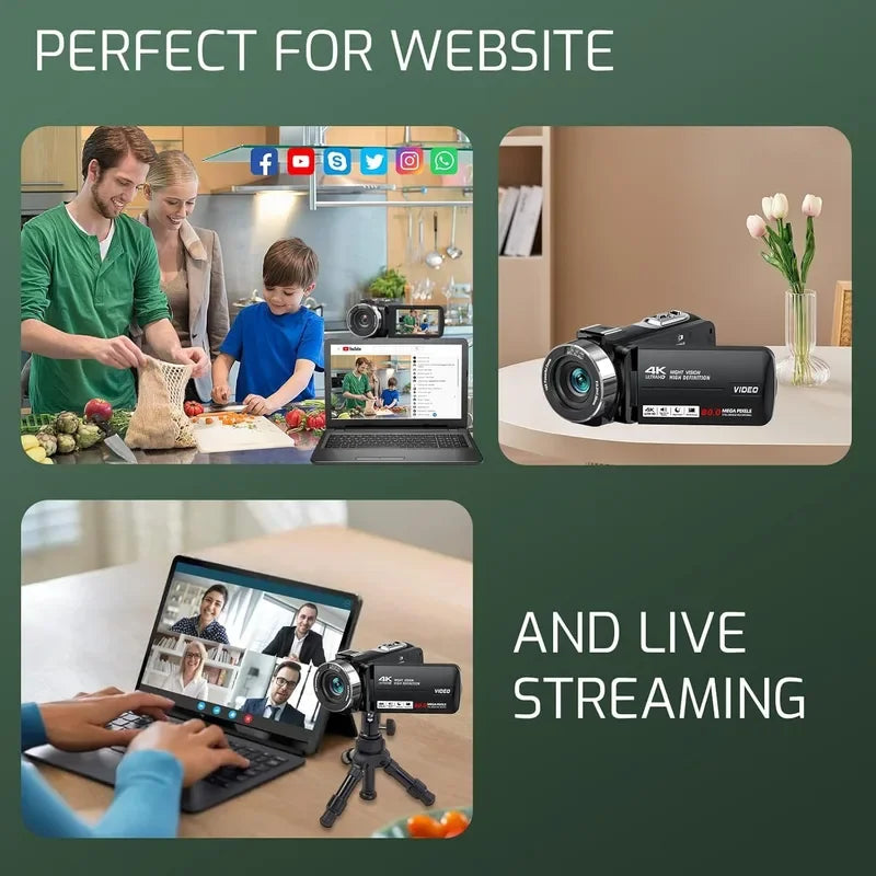 Videocámara 4K Ultra HD, Cámara Digital de 80MP, Cámara para Vlogging para YouTube, Pantalla IPS de 3.0" y 270° °   Cámara DV portátil con visión nocturna IR y pantalla