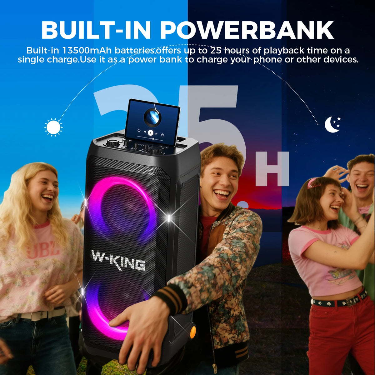 Altavoz Bluetooth para Fiestas W-KING T12, 370W de Potencia Máxima, 135dB de Bajos Profundos, Altavoz Karaoke Portátil con Luces RGB, Bluetooth 5.4, Ruedas, AUX, USB, TF, OTG, Entrada para Micrófono de Guitarra