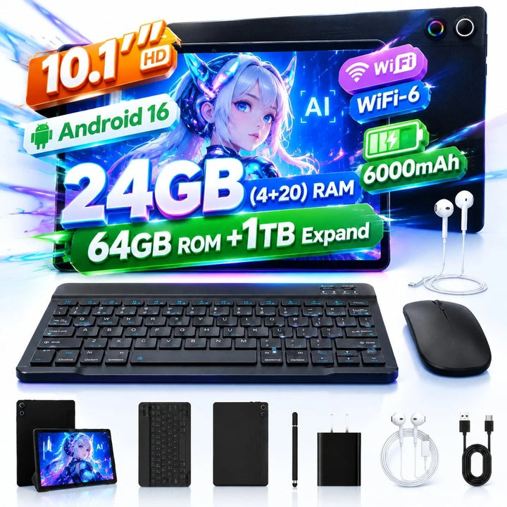 URAO KB10L Tableta de 10.1 pulgada, Android 16, pantalla HD, 24 GB de RAM, 64 GB de ROM, A333, tableta PC de cinco núcleos, compatible con Widevine L1 y Netflix HD, batería de 6000 mAh, pantalla dividida, desbloqueo f
