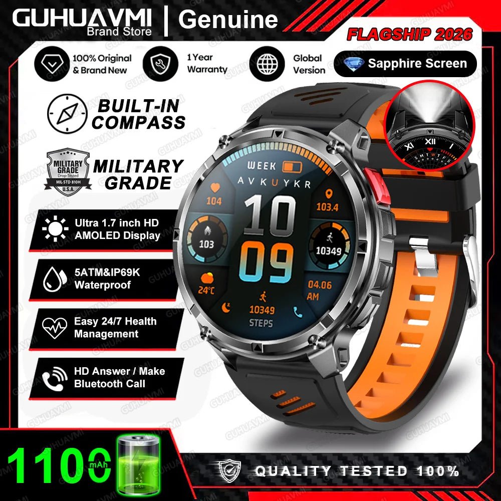 Reloj inteligente militar T-Rex3 Pro 2026, batería de 1100 mAh, GPS, resistente al agua 5ATM, rastreador deportivo de carrera, brújula para exteriores