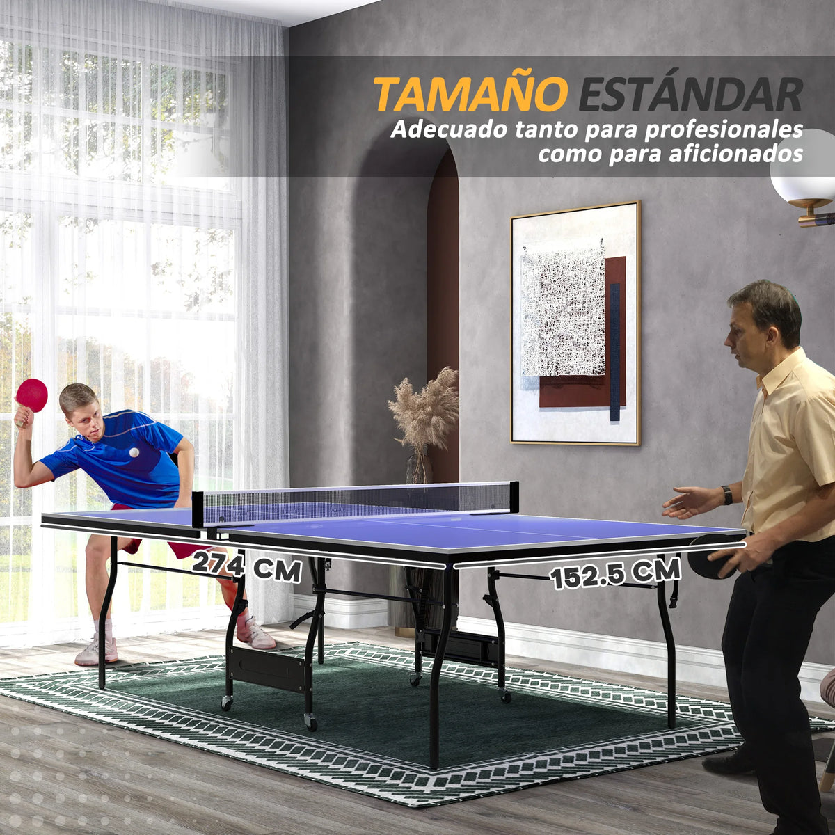SPORTNOW Mesa de Ping-Pong Plegable con 4 Ruedas 274x152,5x76 cm Azul