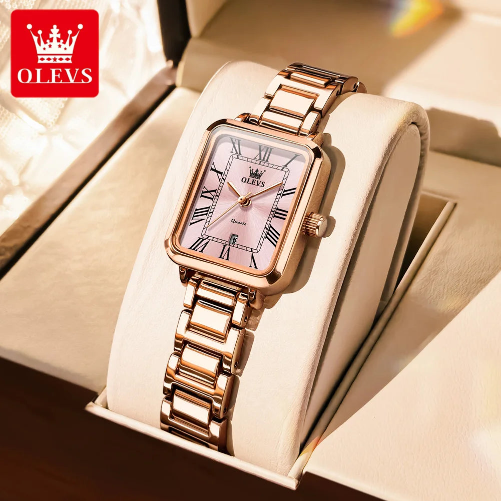 Reloj de pulsera para mujer OLEVS, elegante reloj retro cuadrado para dama, automático con fecha, resistente al agua, correa de acero en oro rosa, reloj de cuarzo original 5641
