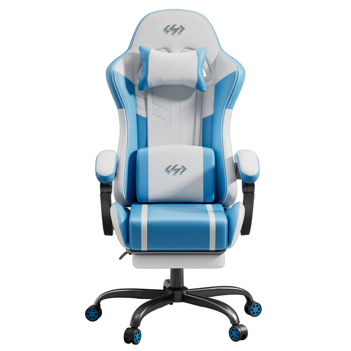 Silla gaming ergonómica azul y blanca con reposacabezas y soporte lumbar, vista frontal