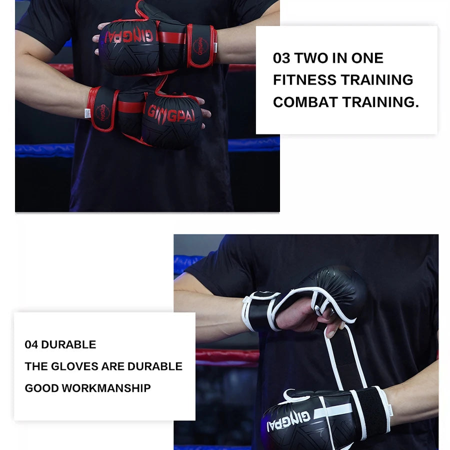 GINGPAI-guantes de boxeo profesionales MMA, Sanda, medio dedo, lucha, Muay Thai, mujeres, hombres, niños, entrenamiento, saco de arena para adultos