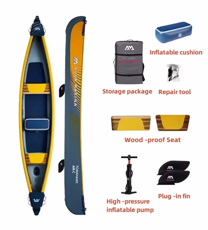 AQUA MARINA Bote Inflable para Remar, Canoa para 1-3 Personas, Doble Capa de PVC Reforzado, con Juego de Asientos Inflables, Kayak TOMAHAWK
