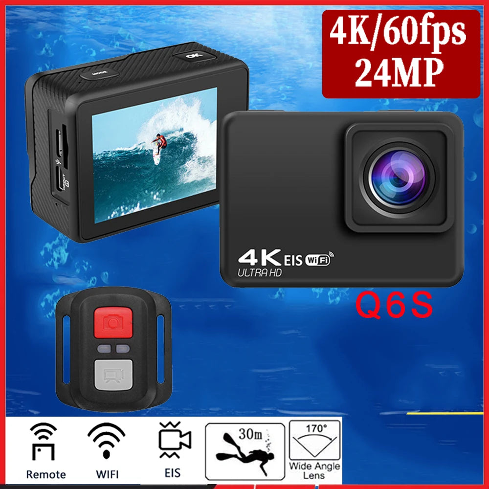 Cámara de Acción Q6S Ultra HD 4K/60fps 24MP WiFi 2 "IPS Screen170D bajo el agua 30M antivibración con lente Sony 386, cámara de vídeo para casco