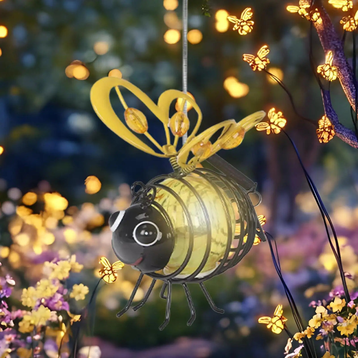 1pc Solar Iron Bee Statue Lights Outdoor Waterproof Hanging Tree Ornaments for Fence Yard Courtyard Garden Art Christmas Decor