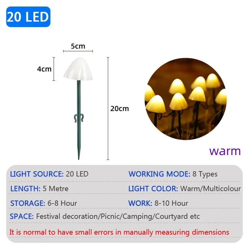 Lámpara solar LED de setas para césped, impermeable, para exteriores, con 8 modos, luz decorativa para senderos, paisajes, patios, terrazas y jardines
