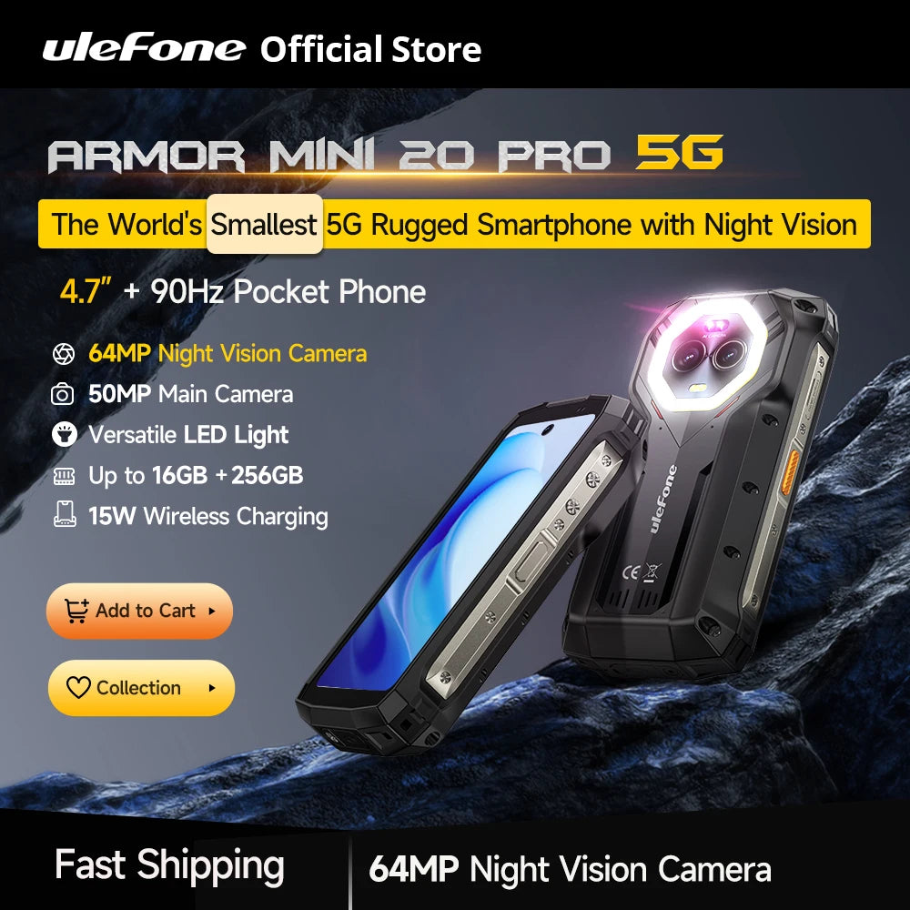 Smartphone Ulefone Armor Mini 20 Pro 5G de 4.7" resistente, Android 14, 16+256 GB, luz LED, cámara nocturna de 64 MP
