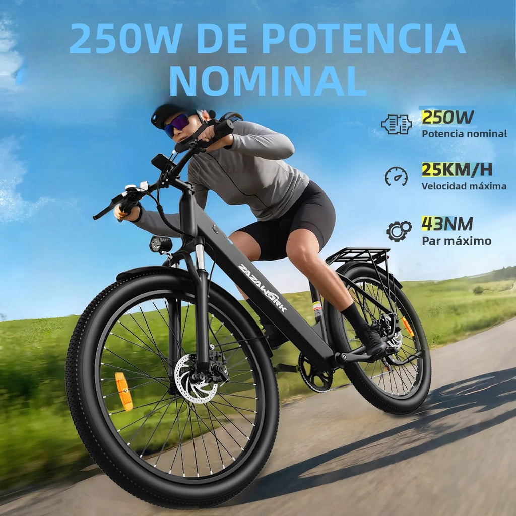 Bicicleta eléctrica ZAZAWORK C28 de 29 pulgadas, bicicleta eléctrica de largo alcance, motor de 250W, batería de 36V 20Ah, bicicleta eléctrica de 120km para adultos, bicicleta urbana de cercanías, frenos de disco mecánicos, con certificación CE