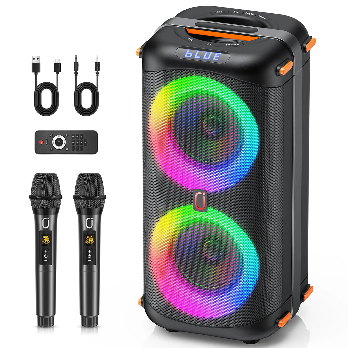 Altavoz inalámbrico Bluetooth T27, máquina de karaoke con 2 micrófonos, altavoz de karaoke para fiestas en casa con luz LED/batería de 6000 mAh