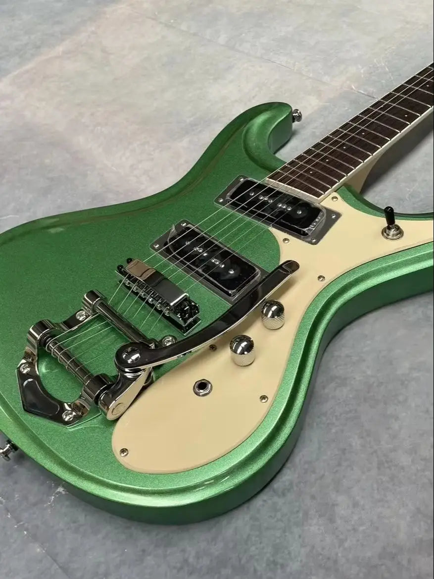 Guitarra eléctrica verde metálica, diapasón de palisandro, caoba, herrajes blancos, guitarra eléctrica, guitarra