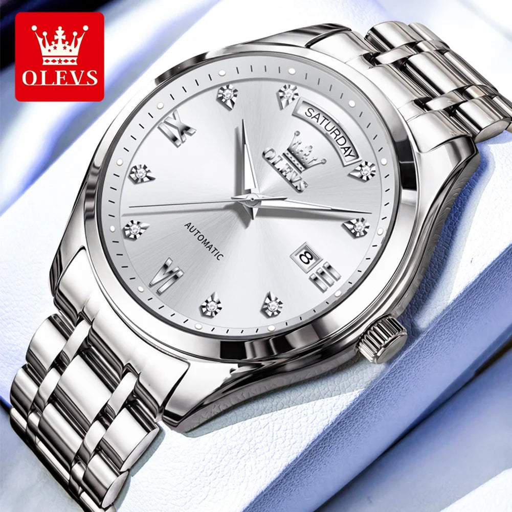 Reloj original de la marca OLEVS 6752 para hombre, reloj mecánico sencillo de lujo con correa de acero y caja de regalo.