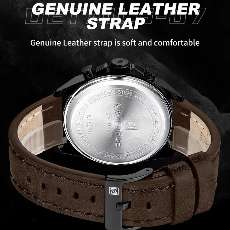 NAVIFORCE Chronograph Wristwatch for Male Quartz Date Display 30M Waterproof Real Leather Strap Clock Mature Fashion Man's Watch