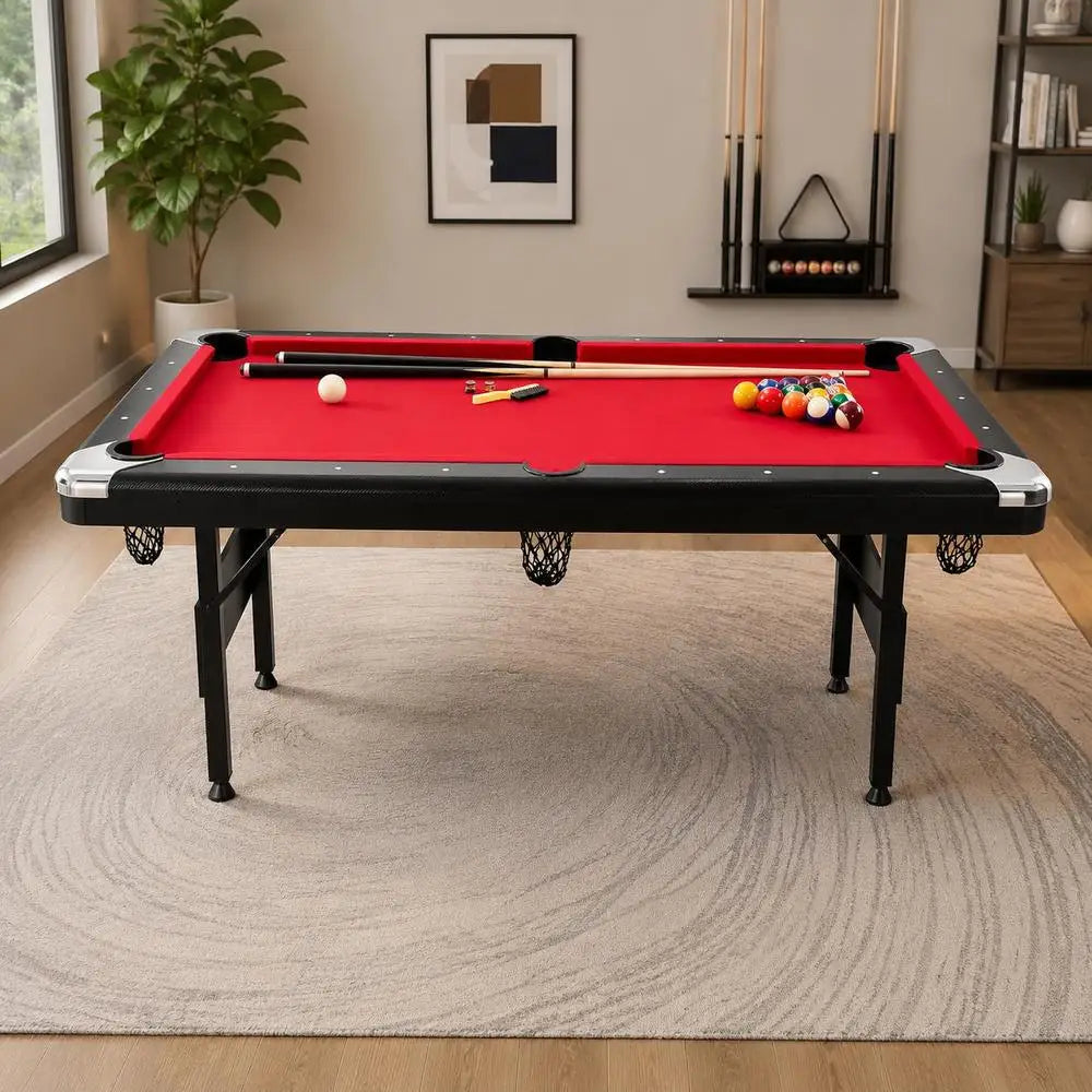 Mesa de billar de 6.3 pies, mesa de juegos plegable y portátil, ahorradora de espacio con bolas, tacos, tiza y cepillo, color negro con paño rojo