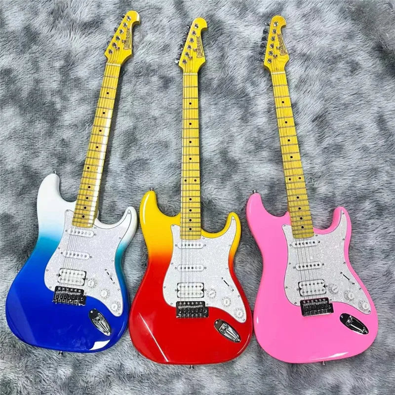 Guitarra Eléctrica Bullfighter Factory Azul Rosa Roja de 22 Trastes con Cuerpo de Álamo Sólido, Mástil de Arce, Cuerdas y Puente Cromado Vintage