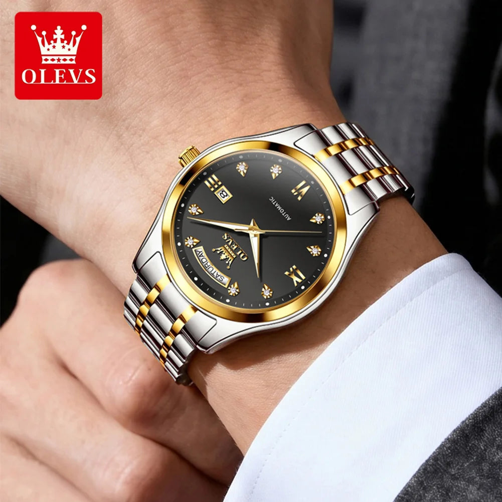 Reloj original de la marca OLEVS 6752 para hombre, reloj mecánico sencillo de lujo con correa de acero y caja de regalo.