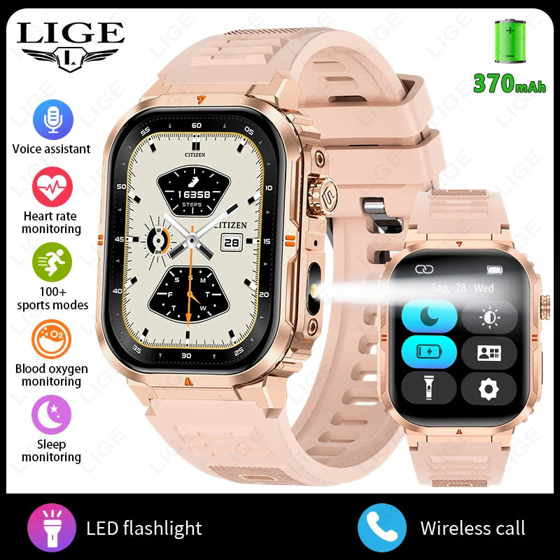 LIGE New Sports Smart Watch 2.01" HD Make Answer Call Voice Assistant Flashlight Outdoor 370mAh Battery Smartwatch For Men Women