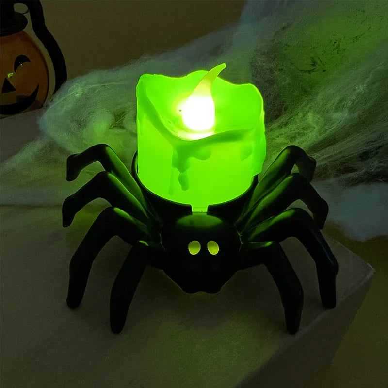 Decoración de Halloween: Lámpara LED de vela con forma de calavera y araña de plástico para el hogar, bar, casa encantada, fiesta de Halloween y accesorios de terror