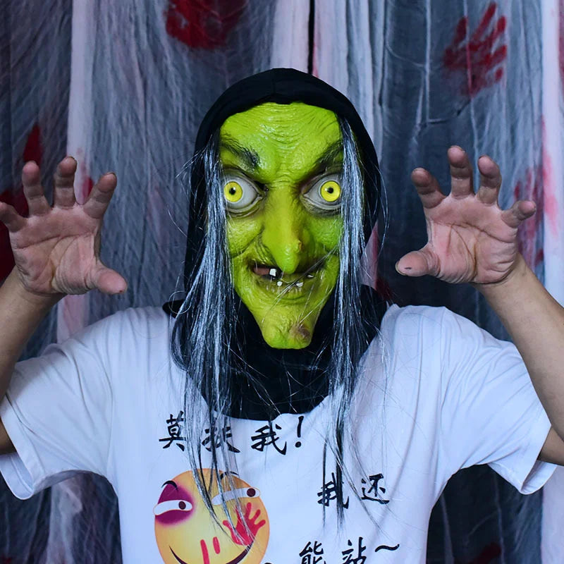 Máscara Realista de Bruja Malvada con Capucha y Cabello, Máscara de Látex para Fiesta de Halloween, Cosplay, Broma, Accesorios
