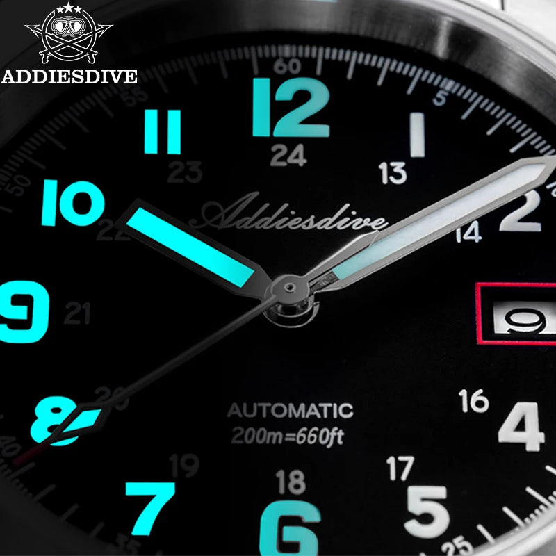 Reloj automático para hombre ADDIESDIVE NH35, reloj de lujo con cristal de zafiro, correa de cuero o acero inoxidable, luminiscencia BGW9 y resistencia al agua de 200 m