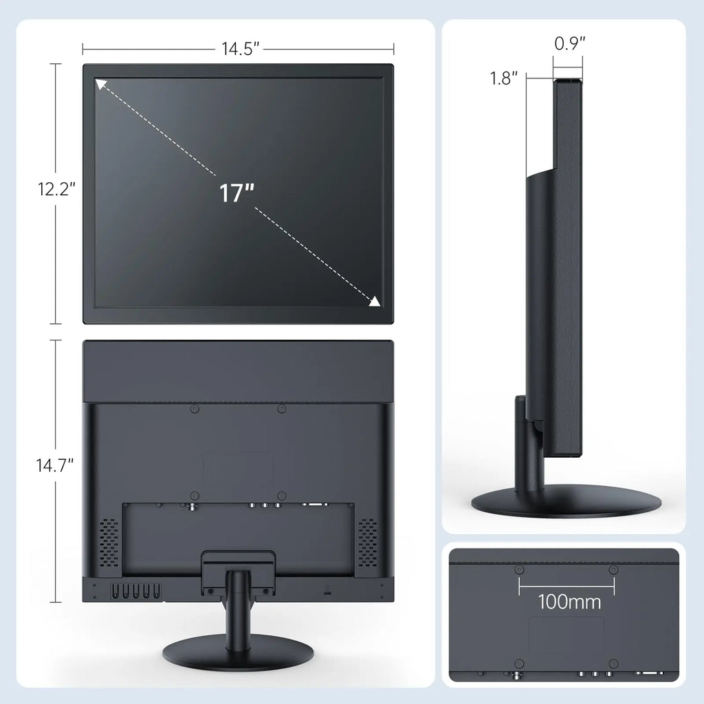 Monitor para cámaras de seguridad Eyoyo de 17 pulgadas, con resolución de 1280 x 1024, puertos AV, HDMI, VGA y BNC; compatible con la reproducción de vídeo en todos los formatos a través de USB y con mando a distancia