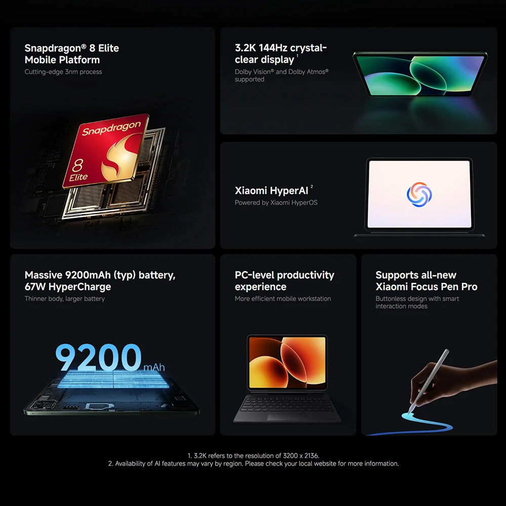 Versión Global Xiaomi Pad 8 Pro Tablet 11.2" Pantalla 3.2K 144Hz Snapdragon de 8 núcleos ®   Mi Pad 8 Elite con Cámara Trasera de 50MP y Batería de 9200mAh