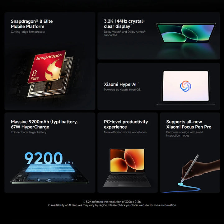 Versión Global Xiaomi Pad 8 Pro Tablet 11.2" Pantalla 3.2K 144Hz Snapdragon de 8 núcleos ®   Mi Pad 8 Elite con Cámara Trasera de 50MP y Batería de 9200mAh