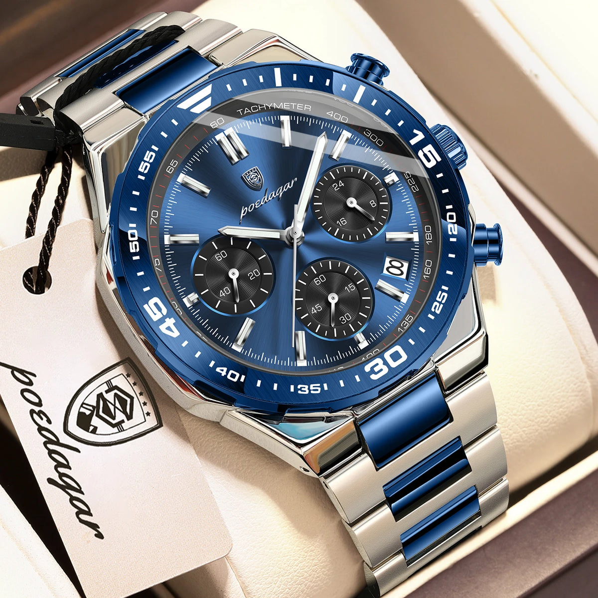 Reloj de cuarzo para hombre POEDAGAR, elegante, casual, luminoso, resistente al agua, de acero inoxidable, con cronógrafo y fecha