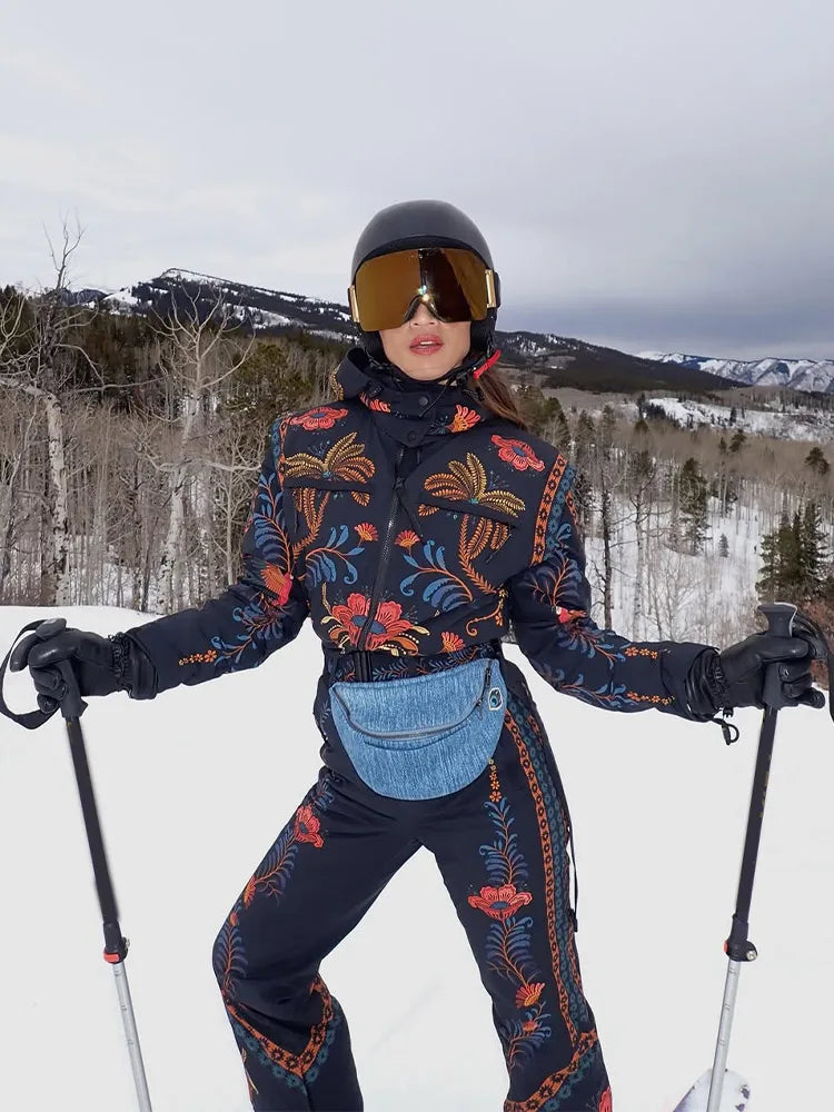 Traje de esquí de una sola pieza con estampado floral para mujer, con capucha, acolchado, resistente al viento, cálido, ideal para actividades al aire libre en invierno, conjunto de esquí y snowboard para mujer.