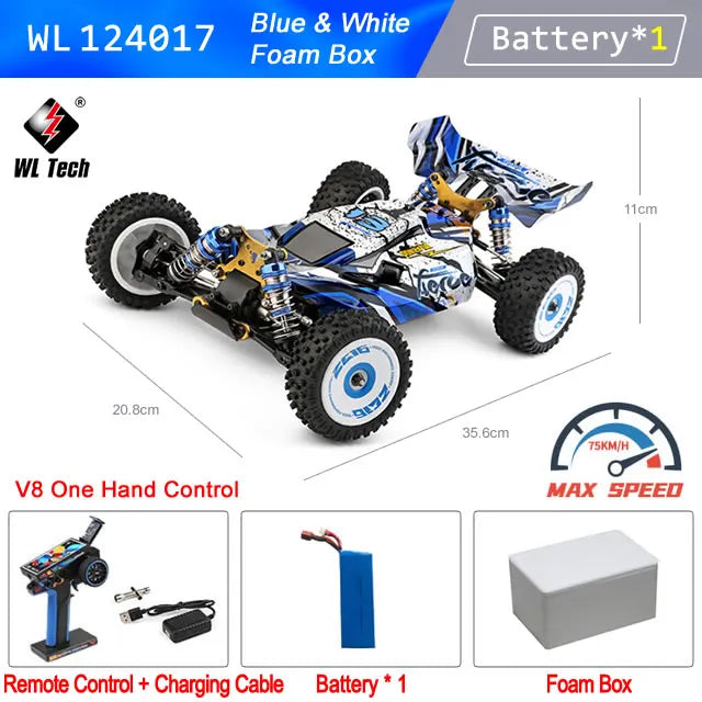 Coche RC 1:12 4WD azul y blanco con rueda delantera y caja de espuma