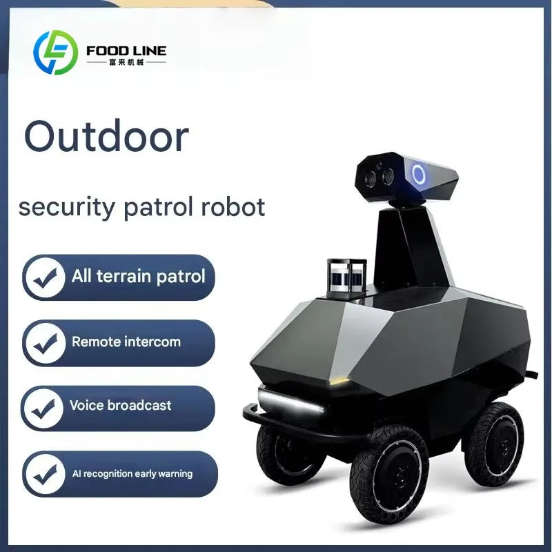 Robot de seguridad exterior FOOD LINE con torreta de sensores y ruedas todo terreno.